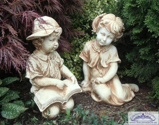 Kinderfiguren Mädchen und Junge mit Buch Gartenfiguren aus Beton Steinguss Steinfiguren 46cm 62kg BAD-1537 BAD-1538