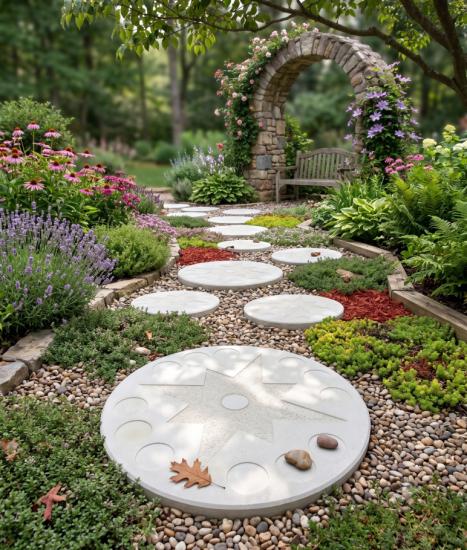 Runde Betonplatten 49cm als Gartenweg Trittplatten aus Weißbeton Garten Trittstein Platten