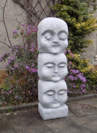 BAD-10354 Maya Götzen Steinfigur mit 3er Kopf Gesicht Skulptur Gartenfigur Moai Gartendekoration aus Beton Steinguss Figur 112cm 195kg
