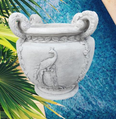 XXL Pflanzgefäß mit Henkel – Elegante Steinvase mit Fasan für den Garten