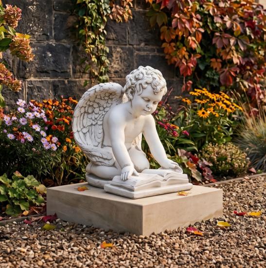 Gartenfigur Engel Steinfigur mit Buch Engelfigur Gartendekoration Beton Steinfigur 36cm