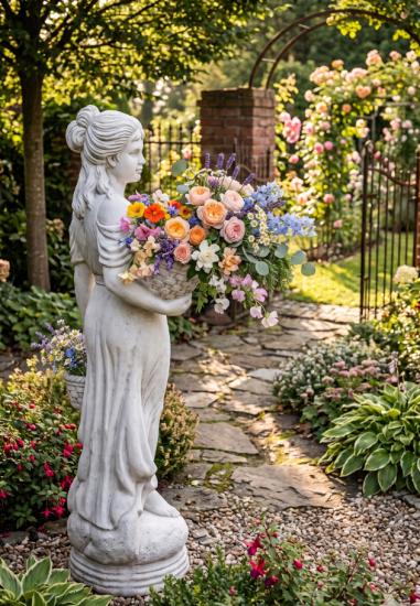 Gartenfigur Blumenmädchen Dona Frau mit Blumenkorb große Garten Steinfigur 136cm 160kg
