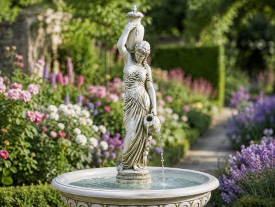 Gartenbrunnen mit großer Wasserschale Figur Wasserträgerin Frau mit Wasserkrug