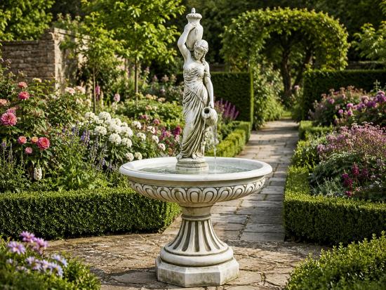 Gartenbrunnen mit großer Wasserschale Figur Wasserträgerin Frau mit Wasserkrug