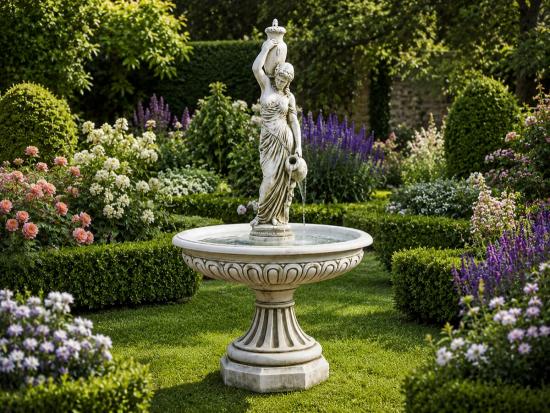 Gartenbrunnen mit großer Wasserschale Figur Wasserträgerin Frau mit Wasserkrug