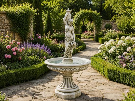 Gartenbrunnen mit großer Wasserschale Figur Wasserträgerin Frau mit Wasserkrug