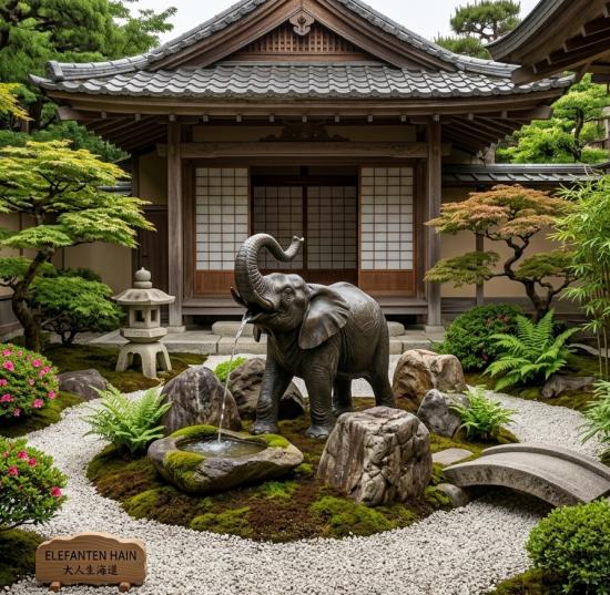Japanischer Garten mit Elefant Wasserspeier Figur