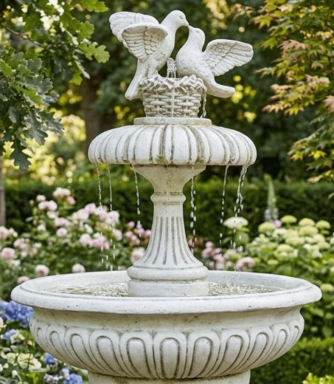 Gartenbrunnen mit Sockel Standfuß mit Turtel Tauben Paar Figur