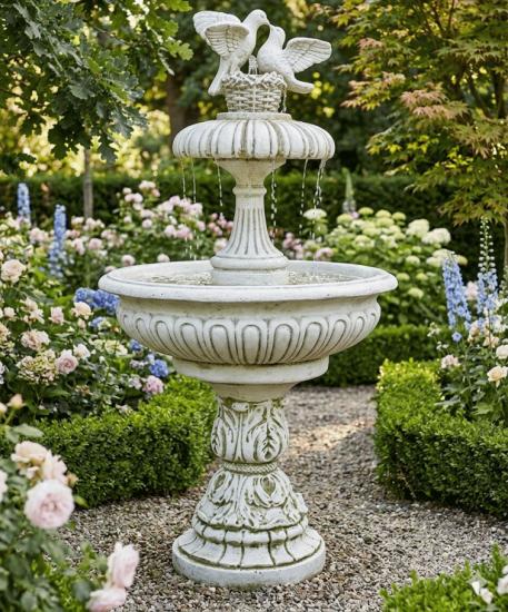 Gartenbrunnen mit Sockel Fuß mit Turtel Taubenpaar