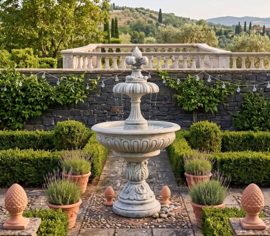 Gartenbrunnen mit Kreuzblume als Wasserspeier tiefe Brunnenschale Springbrunnen