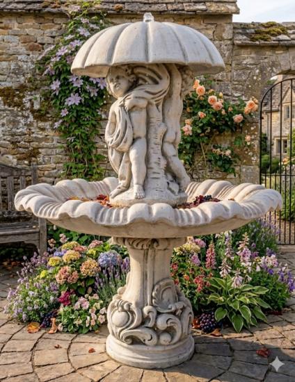 Gartenbrunnen Schirmbrunnen mit Figurengruppe 160cm Springbrunnen