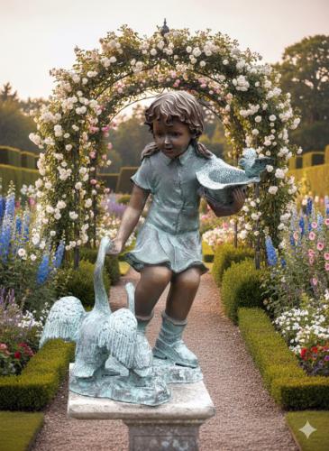 Bronzefigur Mädchen mit Schwan Gartenfigur