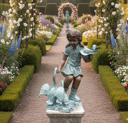 Bronze Figur Mädchen mit Schwan Gartenfigur