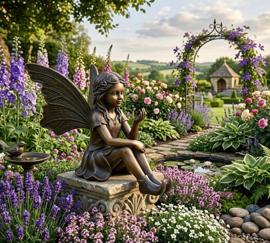 Bronzefigur sitzende kleine Elfe mit Schmetterling Gartendeko Figur 16cm