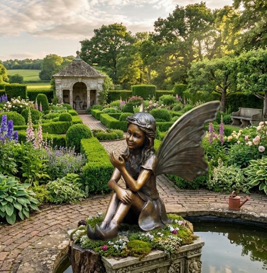 Bronzefigur sitzende kleine Elfe mit Schmetterling Gartendeko Figur 16cm