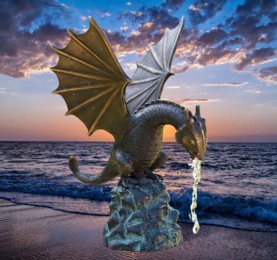 Handgefertigter Bronzedrache mit Wasserspeier 22cm