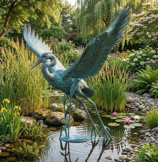 XL fliegender Kranich Bronze Gartenteich Figur