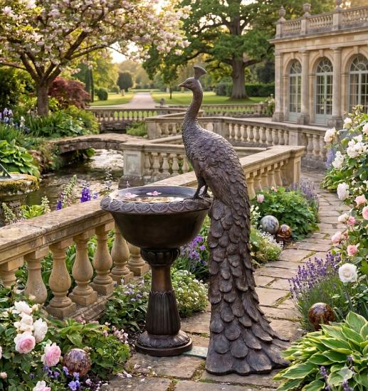Bronzefigur Pfau am Brunnen – edle Tierfigur mit Wasserspiel 143cm