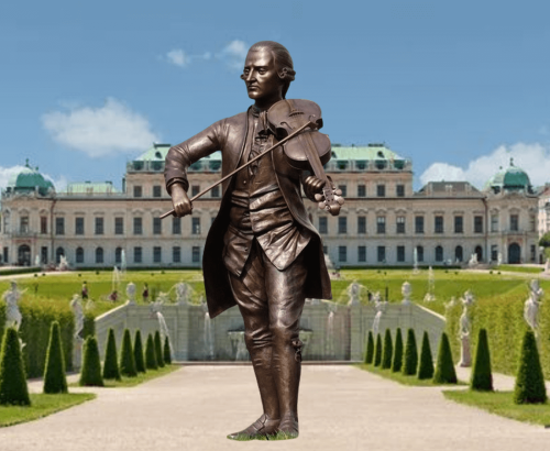 Detailreiche Bronze Skulptur des Komponisten Mozart mit Geige