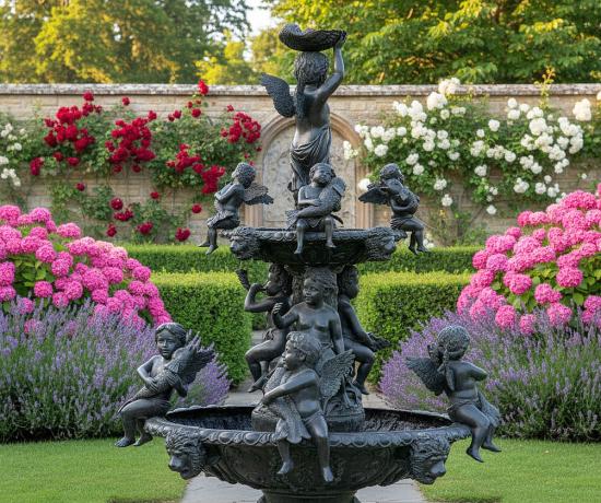 Engel Springbrunnen als Antik Bronzebrunnen mit Figuren