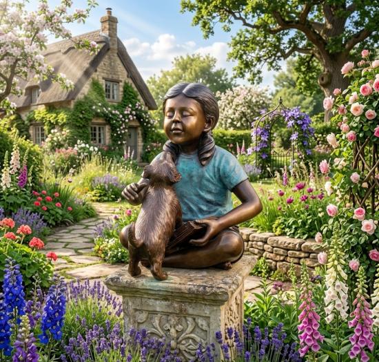 Bronze Gartenfigur sitzendes Mädchen mit Hund 48cm