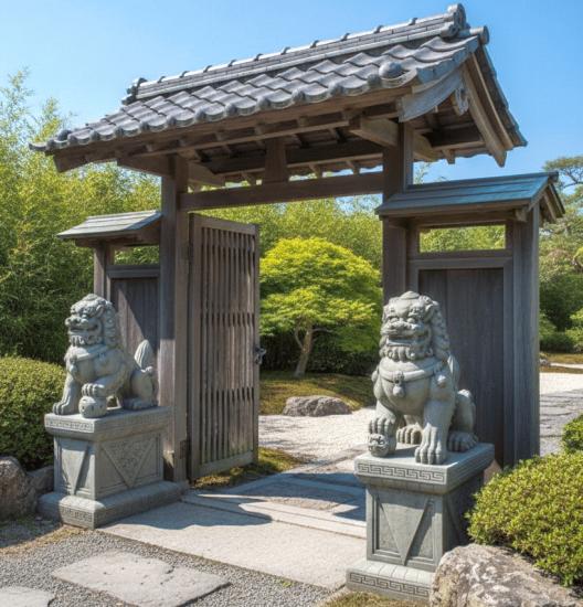 Tempellöwen Garten Figuren Fu Dogs | Fu Löwen als Tempelwächter Steinguss mit Sockel