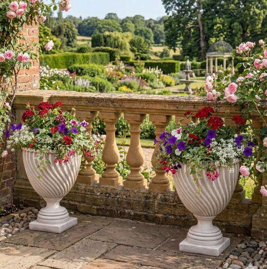 Pflanzvase mit Spiral Rillendekor Blumen Pflanzgefäß aus Beton Steinguss Pflanzkübel 68cm