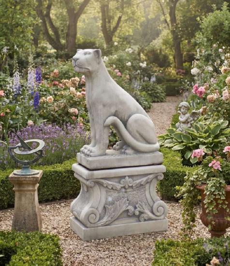 Panther Raubtier Katze Leopard Figur Linksblick Gartendekoration Skulptur Sockel