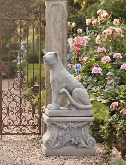 Panther Raubtier Katze Leopard Figur Linksblick Gartendekoration Skulptur mit Sockel