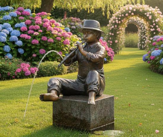 Gartenfigur Flötenspieler Junge Wasserspeier Bronze Gartenfigur