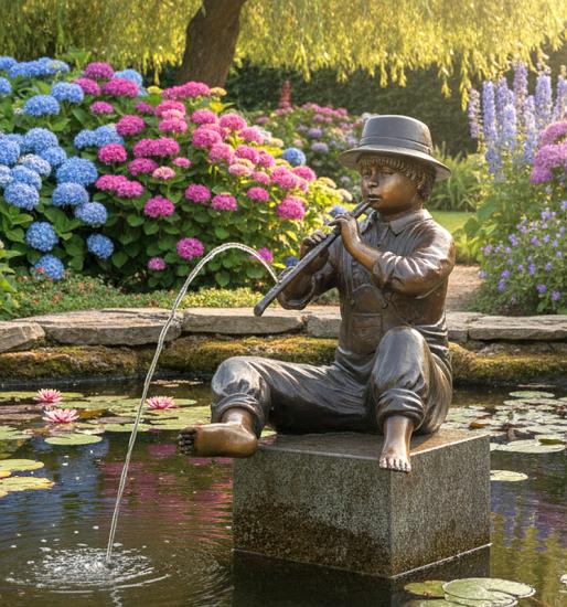 Gartenfigur Flötenspieler Junge Wasserspeier Bronze Gartenfigur