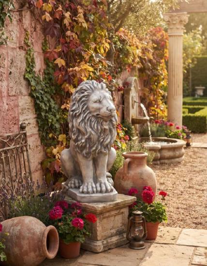 Löwen Figur Beton Steinfigur links Blick sitzend als Gartenfigur 53cm