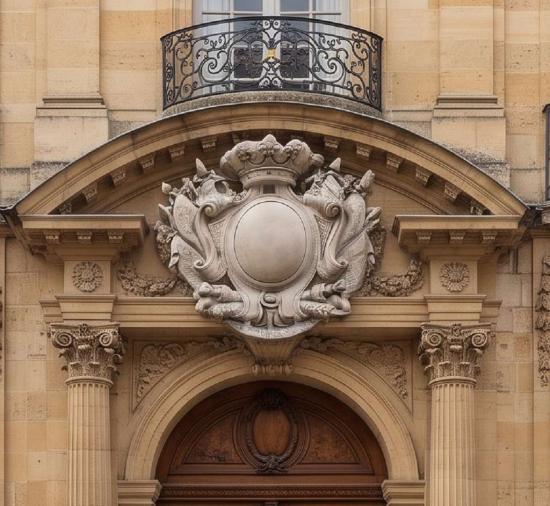 Wappen mit Krone Fassadenstuck Wandbild Fassadenschmuck Weißbeton Betonstuck Familienwappen