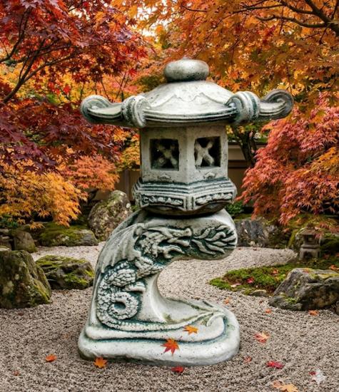 Kleine japanische Rankai Steinlaterne mit Drachen Feng Shui Gartendekoration 32cm
