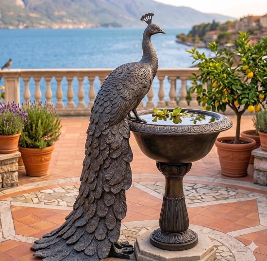 Bronzefigur Pfau am Brunnen – edle Tierfigur mit Wasserspiel 143cm