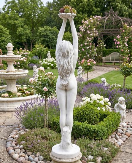 Gartenfigur Frau mit Blume Brunnenfigur Gartendekoration Steinfigur Beton 163cm