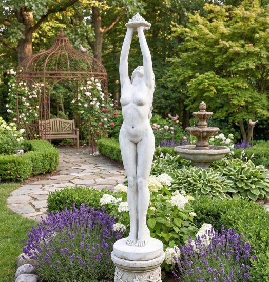 Gartenfigur Frau mit Blume Brunnenfigur Gartendekoration Steinfigur Beton 163cm