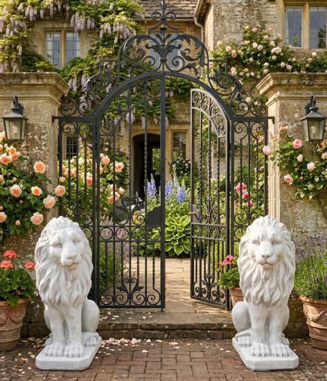 Gartenfiguren Löwen Steinfiguren sitzende Löwenfiguren Paar Set links rechts 92cm
