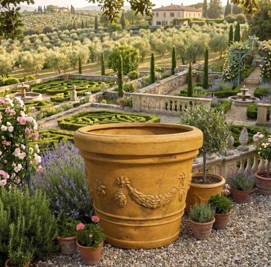 Pflanztopf aus Beton Steinguss frostfest terracotta ocker farbig