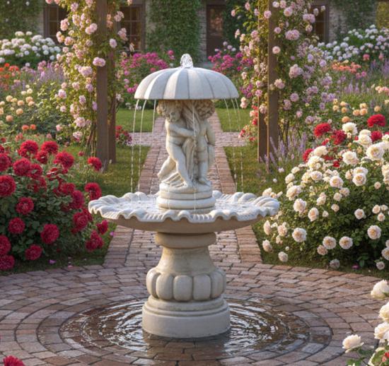 Gartenbrunnen mit Regenschirm
