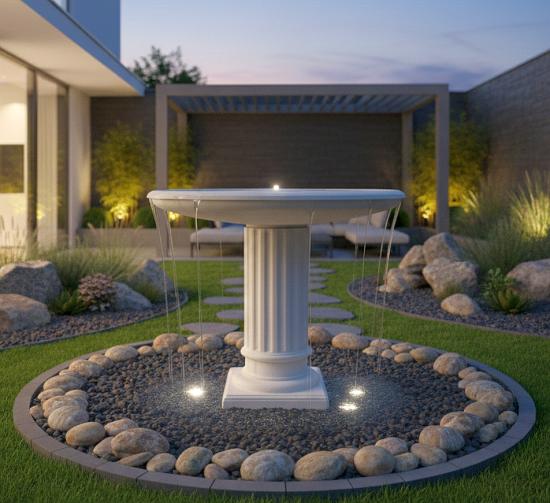 moderner flacher brunnen mit wasserschale