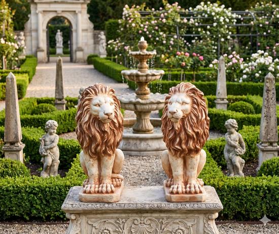 Löwen Gartenfigur sitzendes Löwenpaar links rechts Löwenfigur 53cm