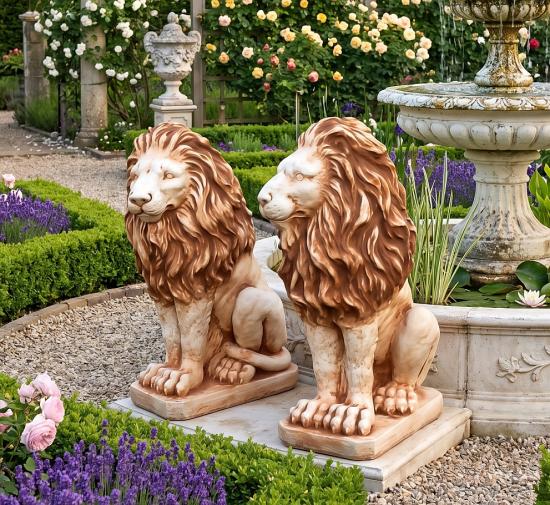 Löwenpaar Garten Steinfiguren braun