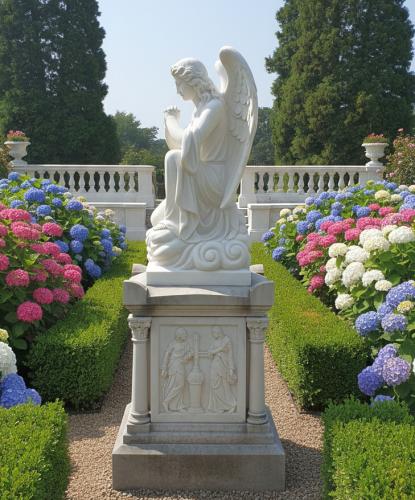 Gartendekoration betender Engel mit großen Flügeln auf Sockel