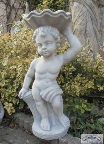 BAD-KP0226 Putten Gartenfigur mit Muschelschale als Brunnenfigur oder Vogeltränke Beton Steinguss Figur 60cm 22kg