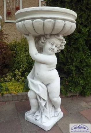 S580 Putten Figur mit Blumenschale links Skulptur Gartenfigur mit Pflanzschale Steinfigur aus Beton Steinguss 90cm 88kg