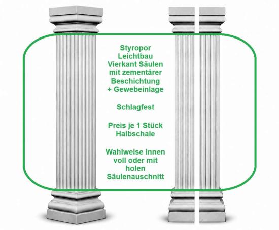 Styroporsäule eckig 25cm kanneliert U-Halbschale Leichtbau Säulenverkleidungen ESA25K
