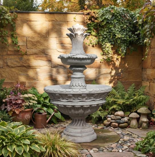 Exclusiver Gartenbrunnen mit Steinblume Zierbrunnen aus Weißbeton 170cm