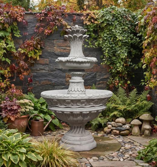 Exclusiver Gartenbrunnen mit Steinblume Zierbrunnen Weißbeton