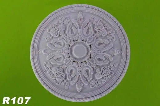R107 Deckenrosette mit floralem Blattdesign als Stuckelement aus Polyurethan Hartschaum mit weißer Oberfläche 83cm